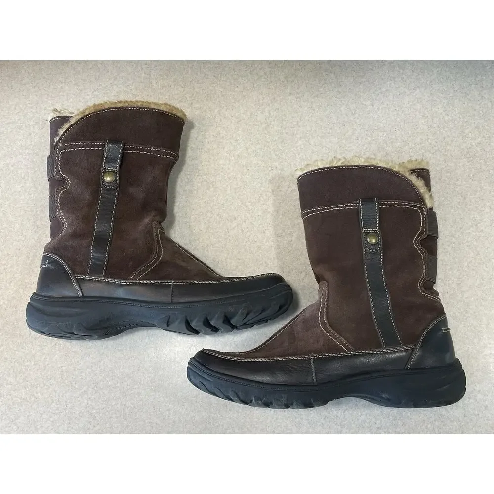 Clarks Andes Fortune Suede Boots Brown Women’s Side Zip Size 9M Faux Fur Lining
